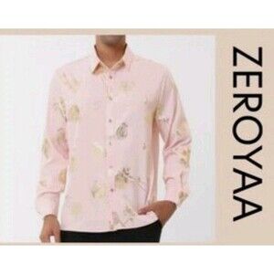 Men's Zeroyaa Size Large Pink Gold Foil Floral Long Sleeve Button Front
